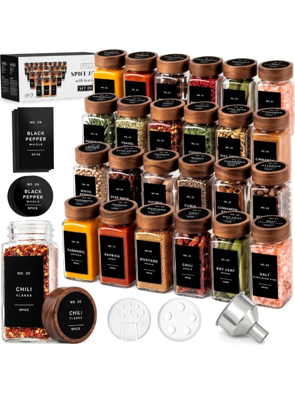 24 Glass Spice Jars with Acacia Wooden Lids & Black Labels - Kitchen Storage Set